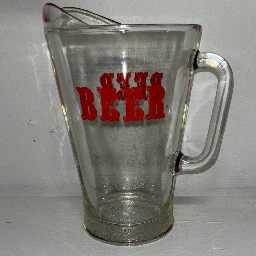 Clear Glass Beer Pitcher with Red Accents